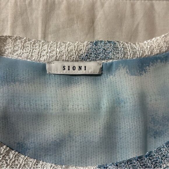 SIONI L White Blue Pink Cloud Floral Reverse Knit Sweater Blouse Pullover - Picture 10 of 11